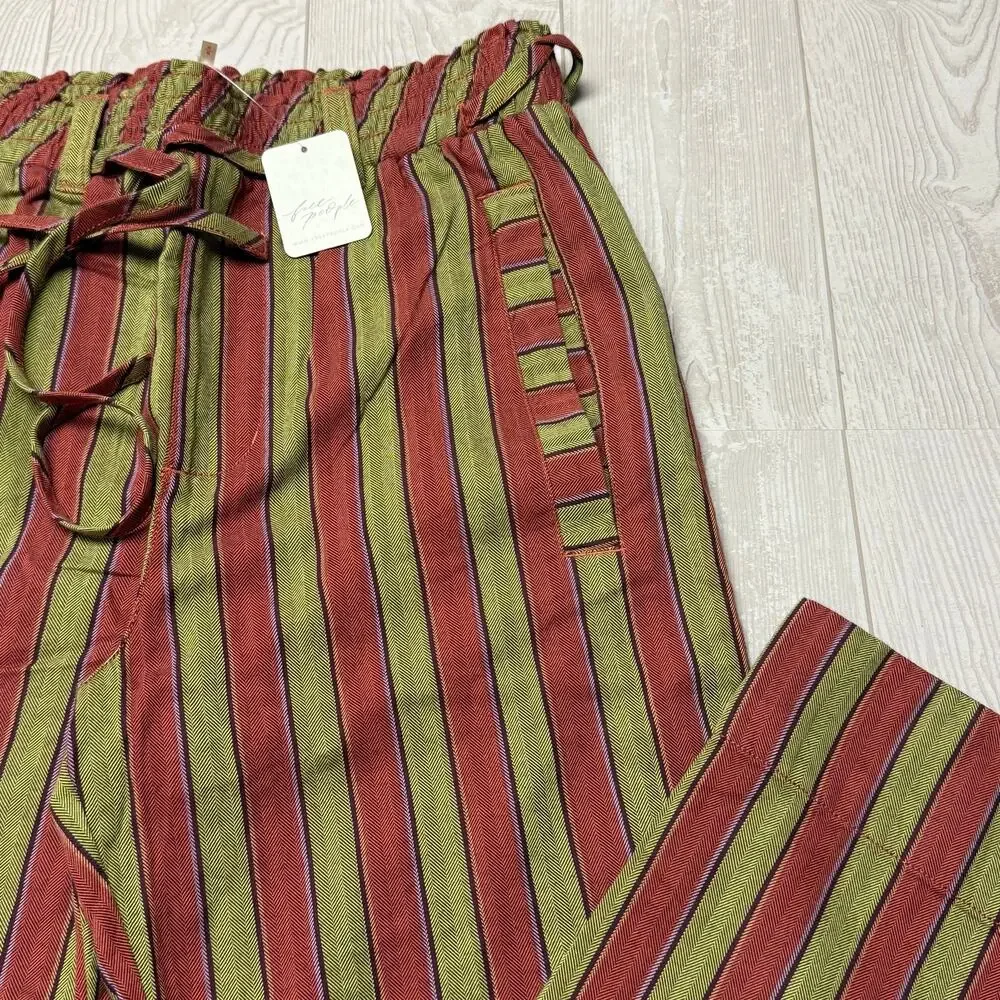 NWT Free People Women’s Striped Wide Leg Pants Tie Waist Boho Olive Rust